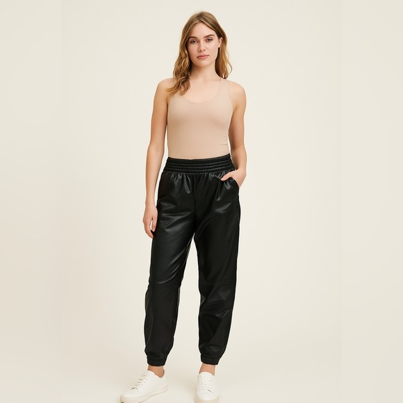 ZARA Faux Leather Jogger Pants Black Size S High Rise Tapered Fit - Picture 1 of 11